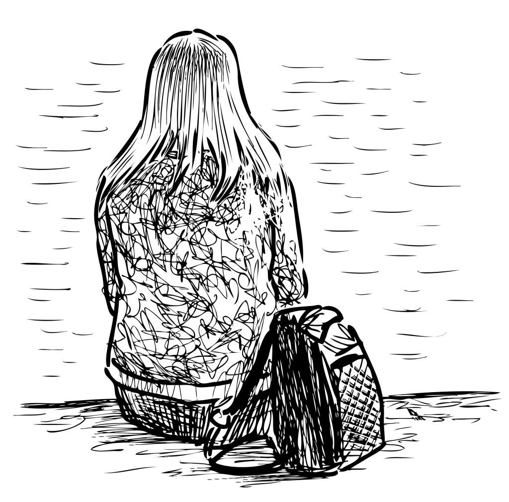 A black and white illustration of a young woman seated on a ledge, facing away from the viewer. She is slightly slumped, as if feeling lost or sad, and has a backpack next to her. 